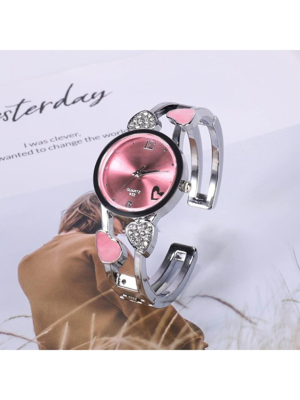 Women's Pink Quartz with Rhinestone Round Dial Stainless Steel Band Cuff Watch - Picture 7 of 7